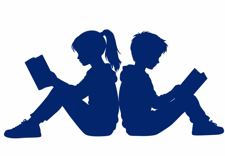 Silhouettes of two pupils sitting back to back, reading